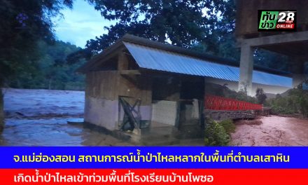 จ.แม่ฮ่องสอน สถานการณ์น้ำป่าไหลหลากในพื้นที่ตำบลเสาหิน ล่าสุดเกิดน้ำป่าไหลเข้าท่วมพื้นที่โรงเรียนบ้านโพซอ ต.เสาหิน อ.แม่สะเรียง หวั่นสะพานแบลี่ย์ชำรุด