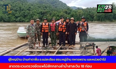 แม่ฮ่องสอน ผู้ใหญ่บ้าน บ้านท่าตาฝั่ง อ.แม่สะเรียง ชรบ.หมู่บ้าน ทหารพราน และหน่วยป่าไม้ ลาดตระเวนตรวจยึดแพไม้สักกลางลำน้ำสาละวิน 18 ท่อน