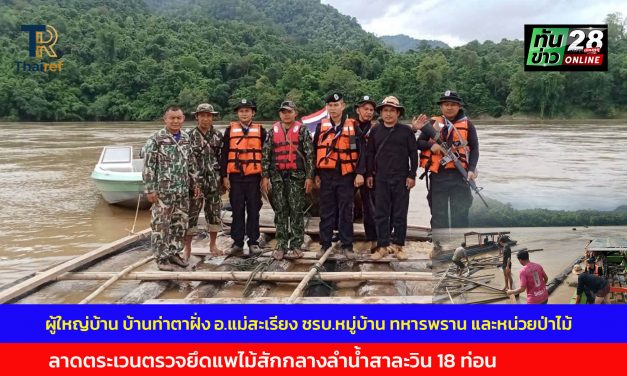 แม่ฮ่องสอน ผู้ใหญ่บ้าน บ้านท่าตาฝั่ง อ.แม่สะเรียง ชรบ.หมู่บ้าน ทหารพราน และหน่วยป่าไม้ ลาดตระเวนตรวจยึดแพไม้สักกลางลำน้ำสาละวิน 18 ท่อน