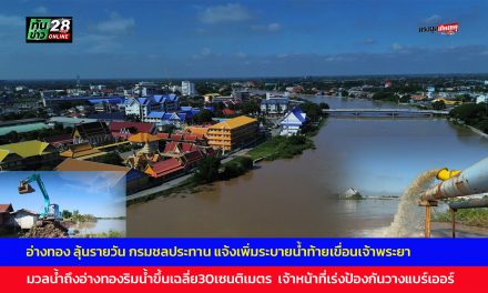 อ่างทอง ลุ้นรายวัน กรมชลประทานแจ้งเพิ่มระบายน้ำท้ายเขื่อนเจ้าพระยามวลน้ำถึงอ่างทองริมน้ำขึ้นเฉลี่ย30เซนติเมตร  เจ้าหน้าที่เร่งป้องกันวางแบริเออร์  เสริมกระสอบทราย 