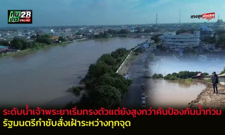 อ่างทอง ระดับน้ำเจ้าพระยาเริ่มทรงตัวแต่ยังสูงกว่าคันป้องกันน้ำท่วม  รัฐมนตรีกำชับสั่งเฝ้าระหว่างทุกจุด 